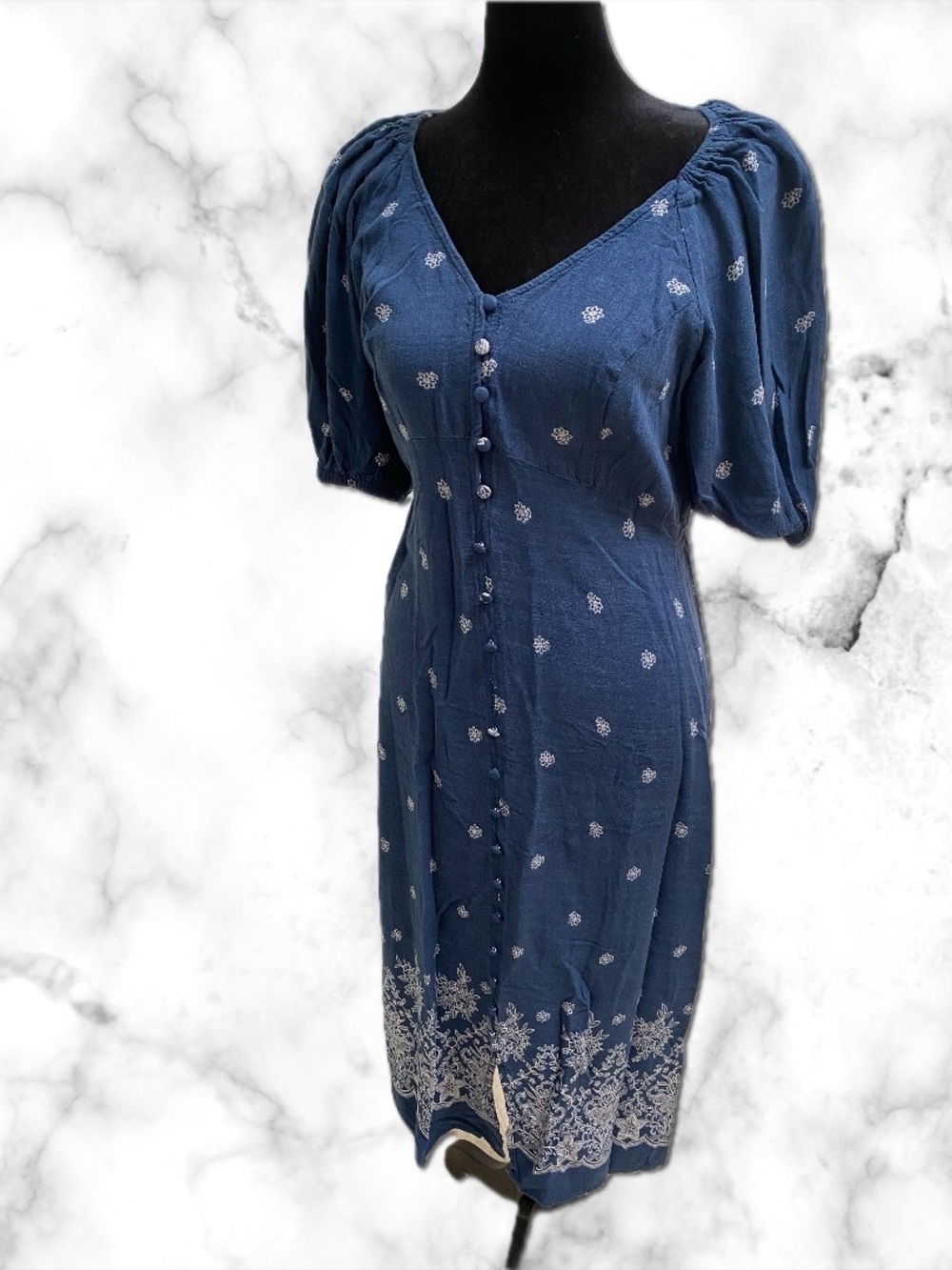 Lucky Brand Navy Blue Embroidered Button-Front Midi Dress